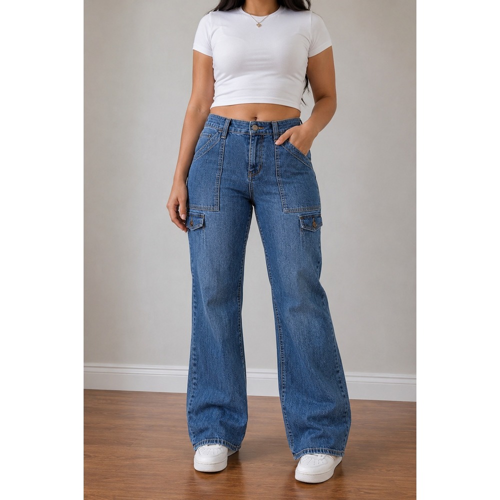 Vintage Y2K Cargo Bootcut Flare Jeans Women 34x32 Blue Denim Stretch Festival
